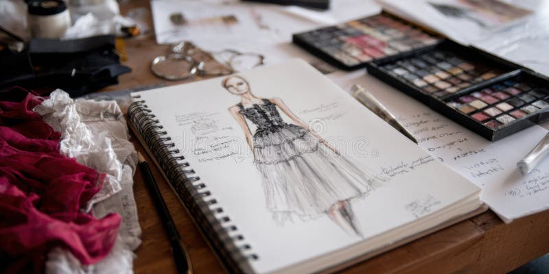 Fashion designer workspace with sketches and swatches, highlighting fashion brand protection of creative designs.